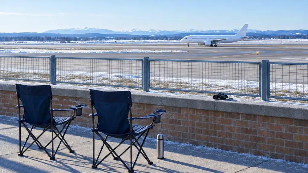 Two empty folding chairs and a pair of binoculars at an airport boundary fence, a plain white airliner taxiing beyond.