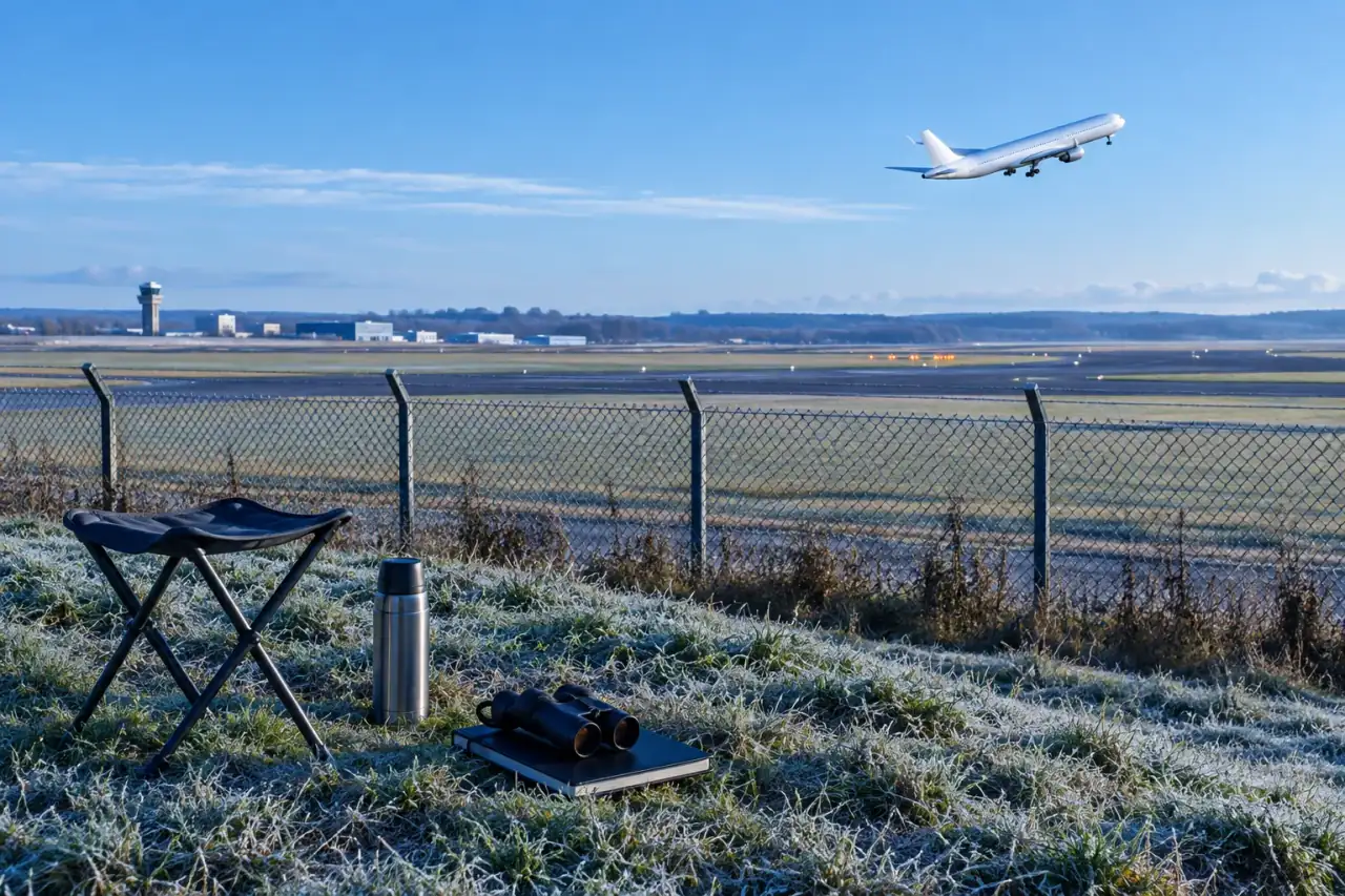 A folding stool, flask and binoculars on a frosted bank beside an airfield fence, an airliner climbing away beyond.
