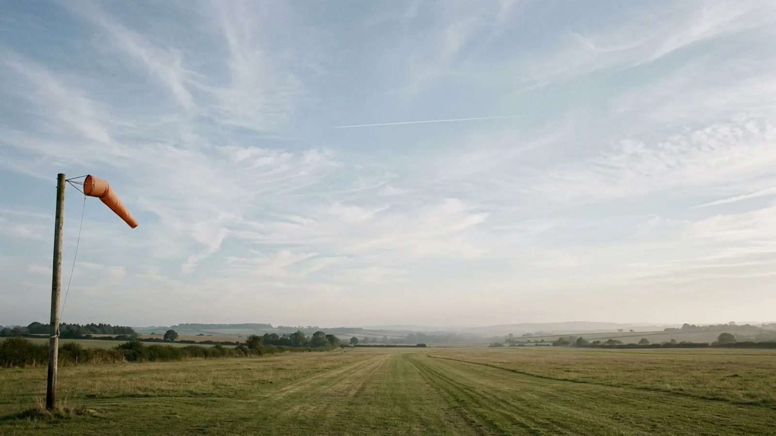 A wide empty sky over a grass airfield in late afternoon, high cirrus and one distant contrail above an orange windsock