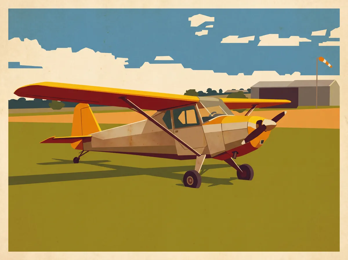 The same photo restyled by AI as a vintage aviation poster: flat colour blocks, the aircraft on grass under a blue sky