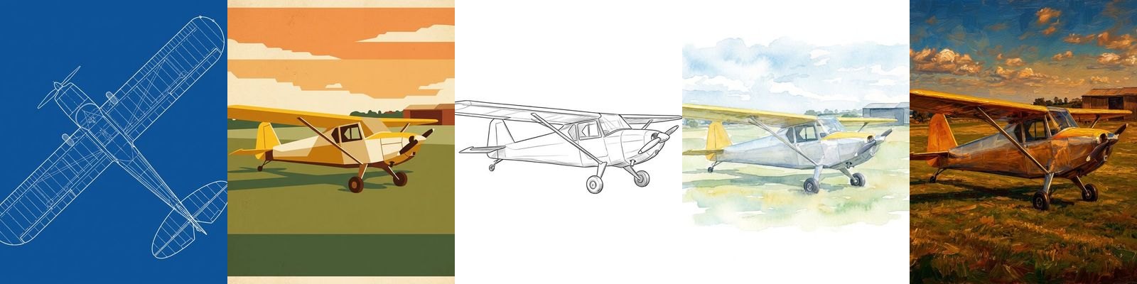 One aircraft shown in all five styles side by side: blueprint on deep blue, flat-colour vintage poster, ink line drawing, soft watercolour and heavier oil.