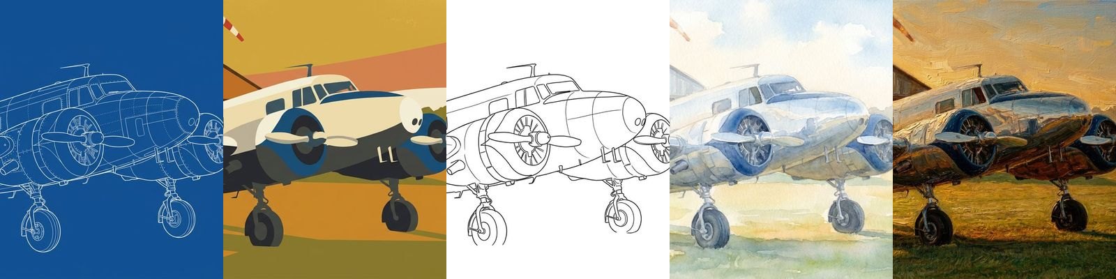 One aircraft shown in all five styles side by side: blueprint on deep blue, flat-colour vintage poster, ink line drawing, soft watercolour and heavier oil.