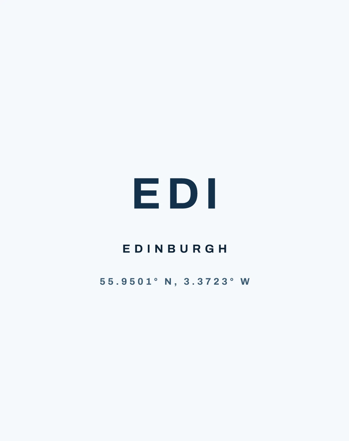 The EDI airport code design for the steel bottle, laid flat: EDI in navy, EDINBURGH and the coordinates beneath, with no country line.