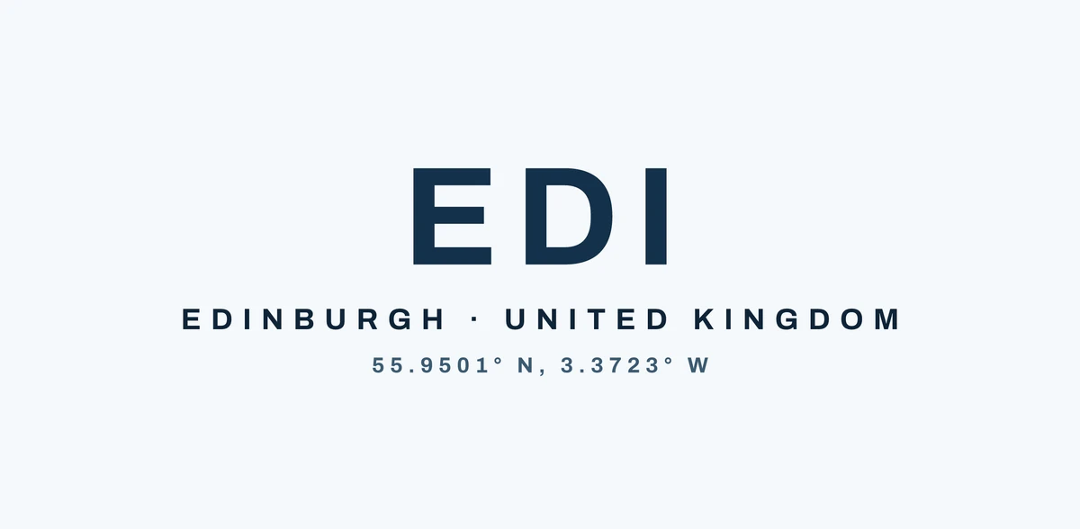 The EDI airport code design laid flat as it wraps a mug: EDI in navy, EDINBURGH · UNITED KINGDOM and the coordinates beneath, with no border.