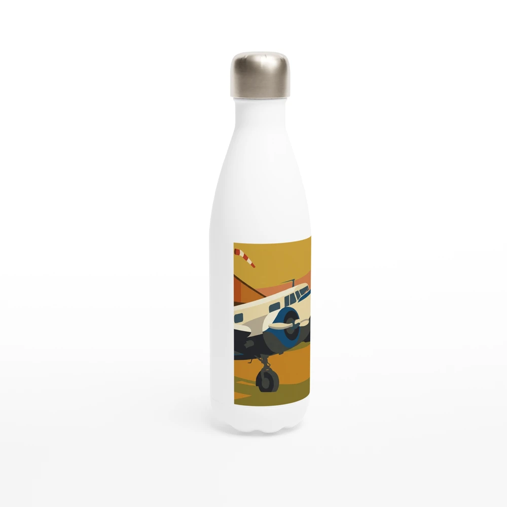 Gelato product render: a vintage-poster twin-engine aircraft printed on a panel on the front of a white stainless steel bottle