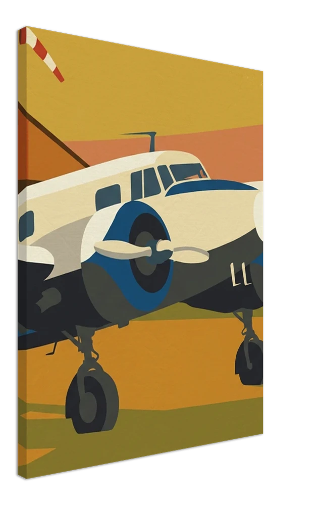 Gelato product render: a vintage-poster aircraft illustration on a stretched canvas, the picture continuing round the side edge