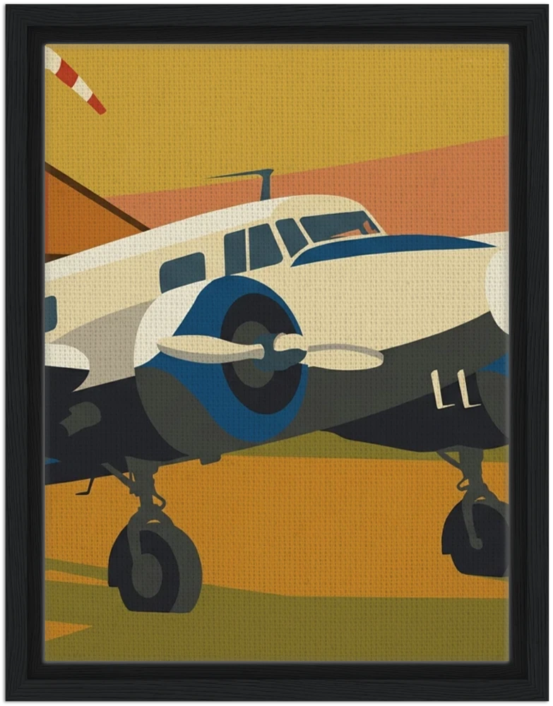 Gelato product render: a vintage-poster twin-engine aircraft on a canvas set inside a black frame