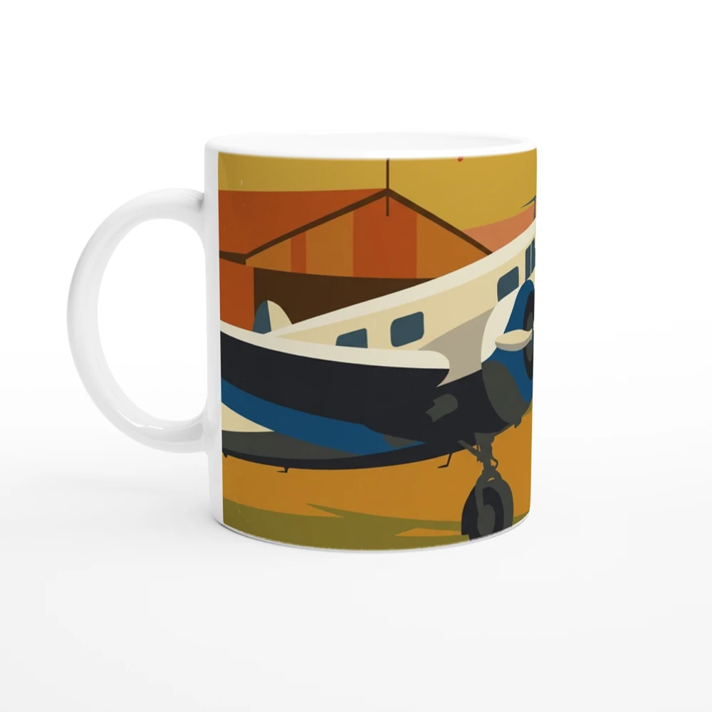 Gelato product render: a white eleven-ounce ceramic mug with a vintage-poster aircraft illustration printed round the body