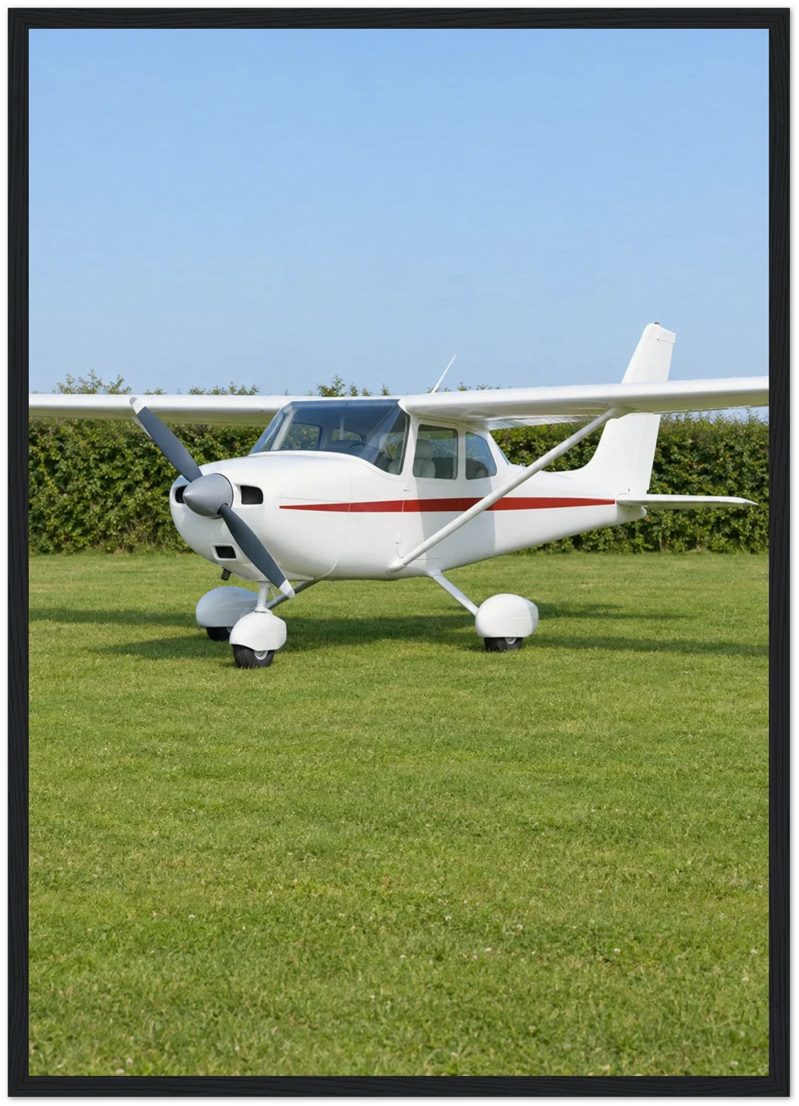 Example render of a black framed print: a white high-wing light aircraft parked on grass