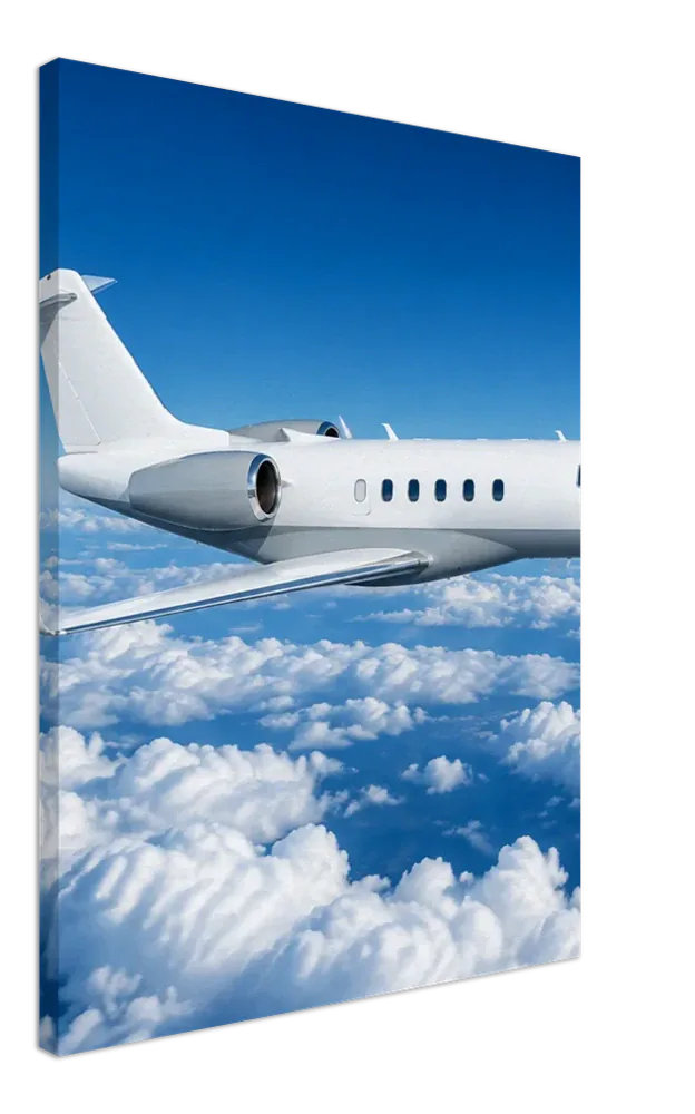 Gelato product render: an example photo of a plain white business jet above cloud, on a stretched canvas, the picture continuing round the side edge