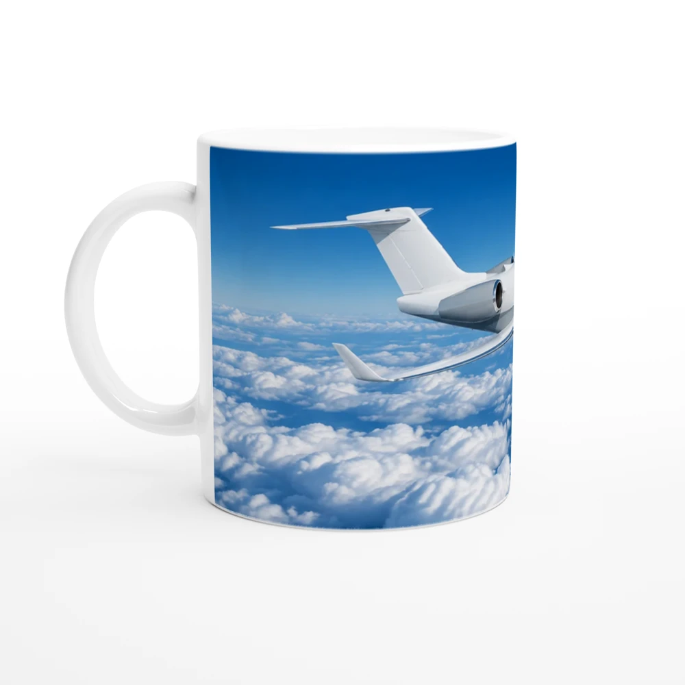 Gelato product render: a white eleven-ounce ceramic mug with an example photo of a silver and yellow light aircraft printed round the body