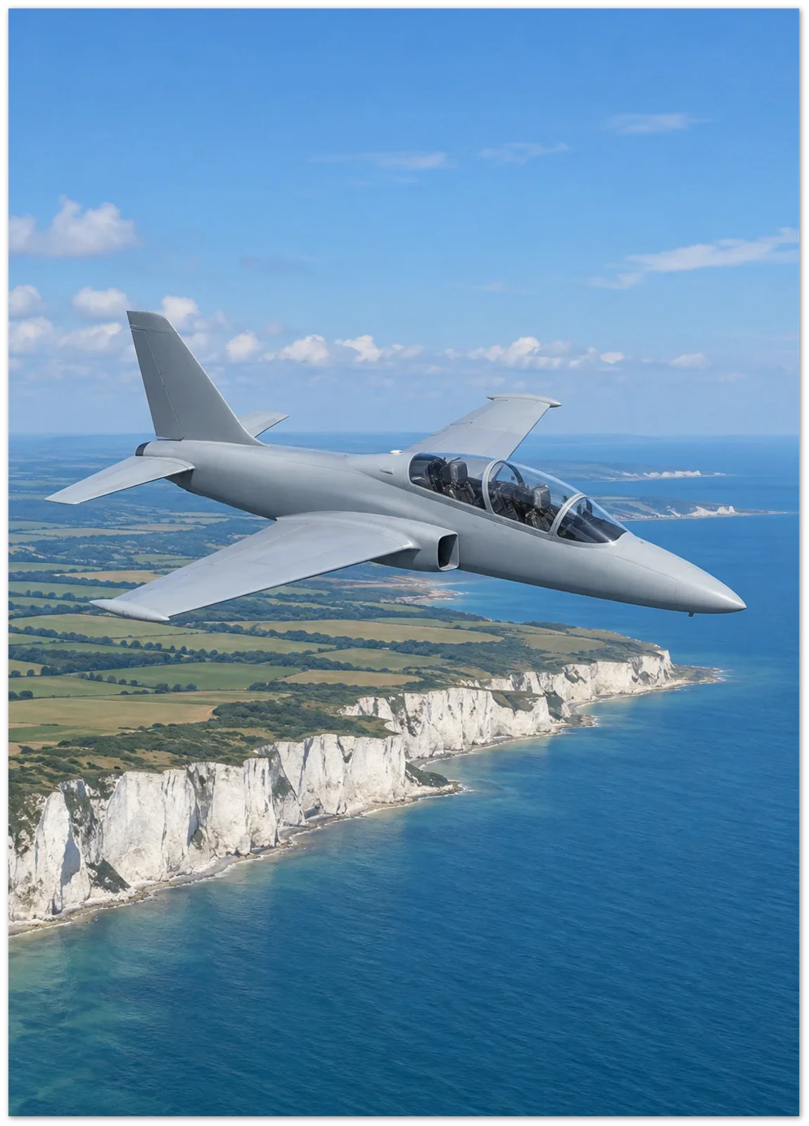Example render of an unframed paper poster: a plain grey jet trainer over white chalk cliffs