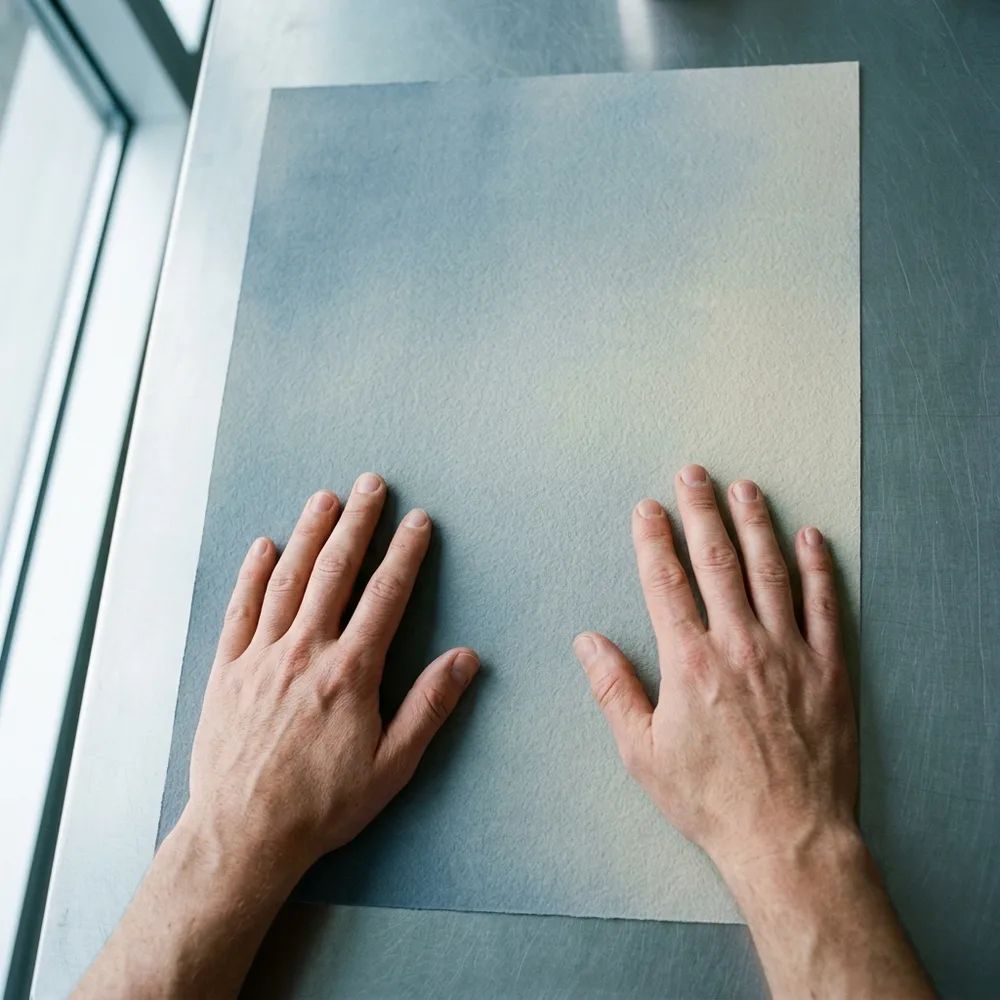 A pair of hands smoothing a print on a table