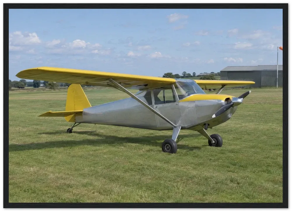 Example render of a black framed print: a silver and yellow light aircraft parked on grass