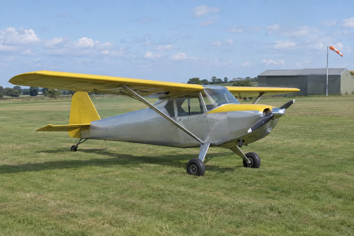 Illustrative example photo: a plain silver high-wing light aircraft with yellow wings, parked on a grass airfield