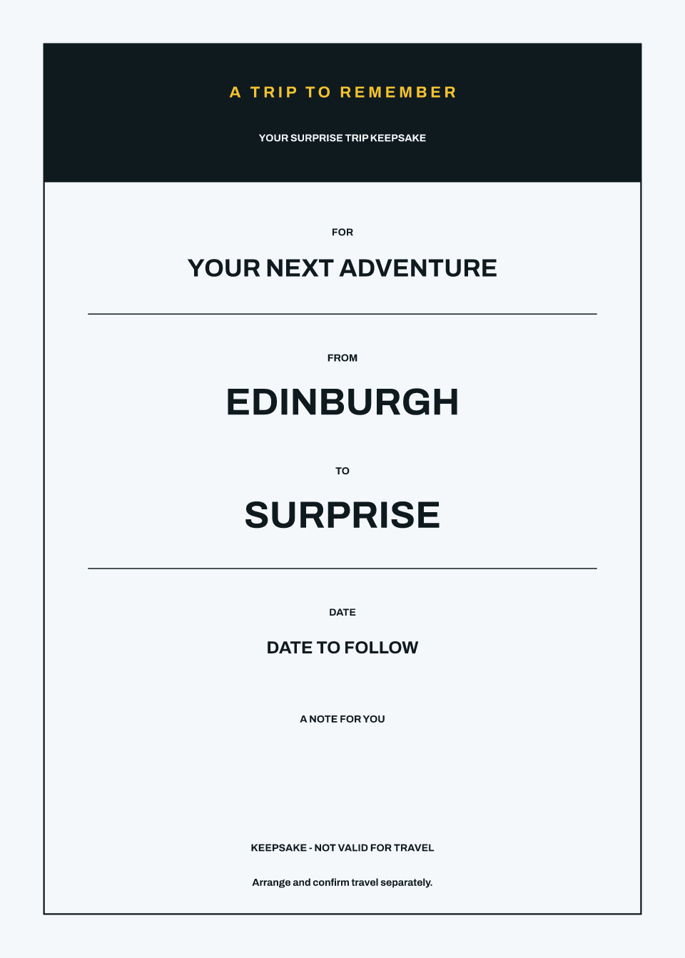 Example decorative surprise-trip artwork, EDI to SURPRISE, clearly marked keepsake and not valid for travel.
