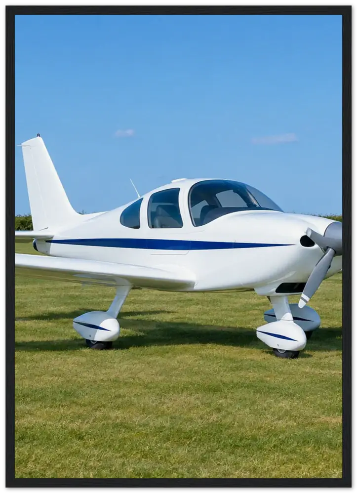 Gelato product render: an example photo of a plain white light aircraft on grass, printed and framed in a black frame