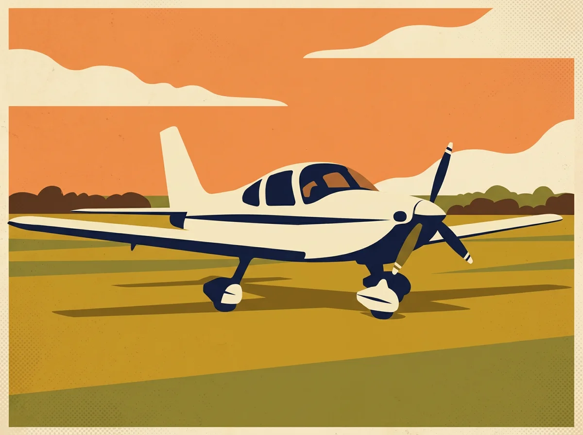 Example vintage-poster style print of a white light aircraft on grass under an orange sky