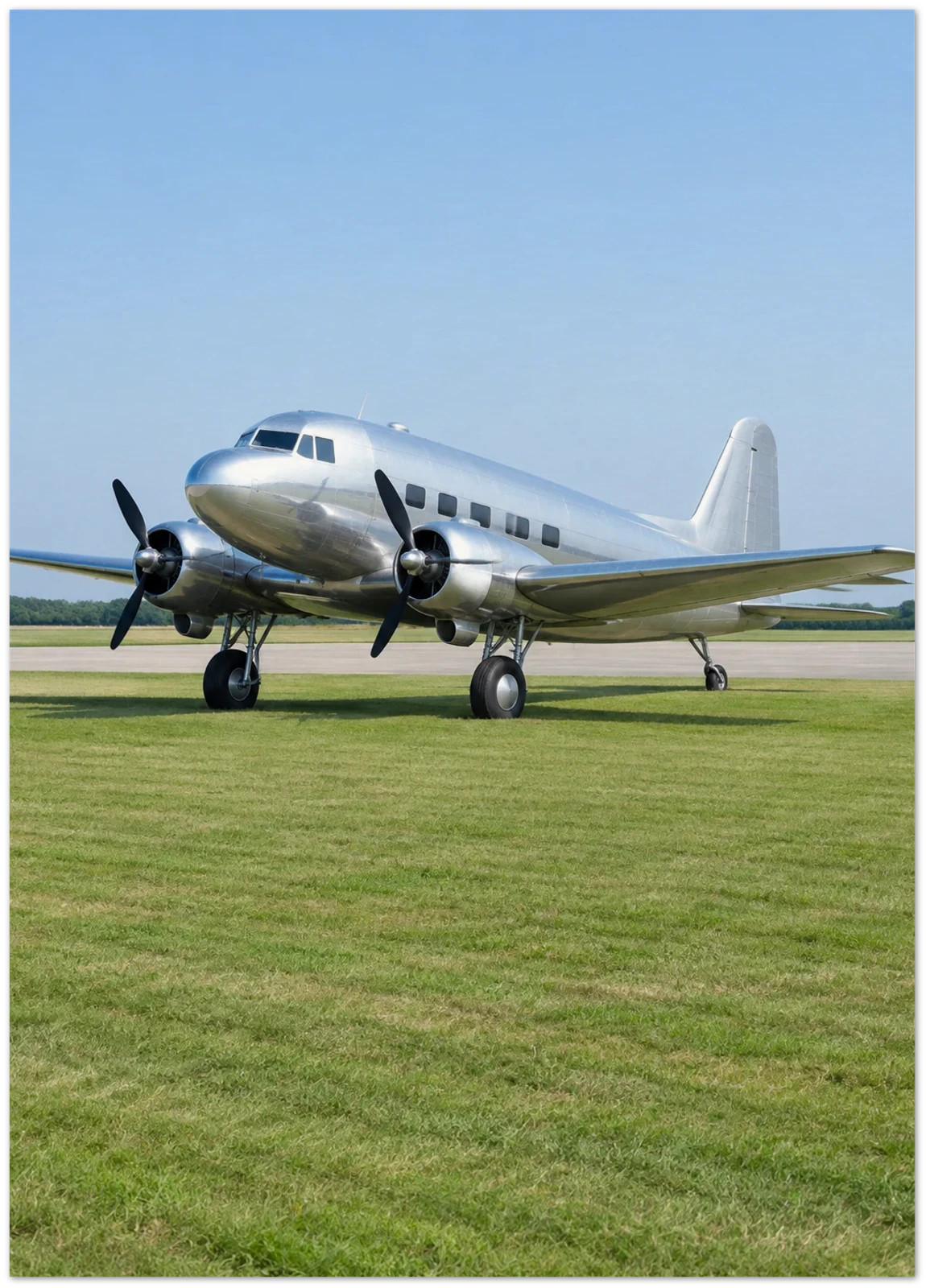 Example render of an unframed paper poster: a silver 1940s twin-prop airliner on a grass airfield