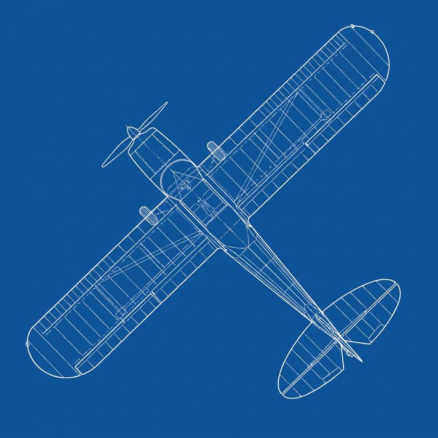 The same aircraft as a blueprint: white line work on deep blue, drawn from above.