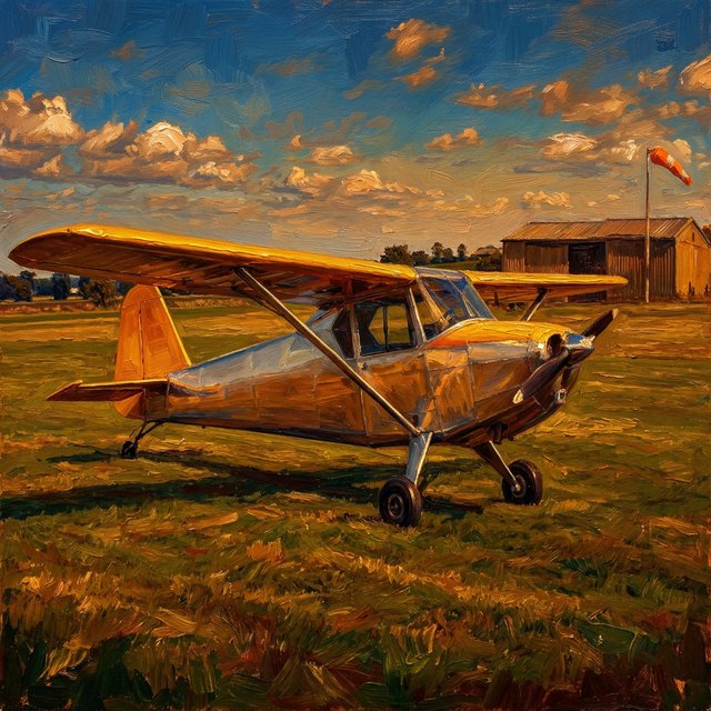 The same aircraft as an oil painting: thick warm brushwork in gold and orange at low sun, a hangar behind.