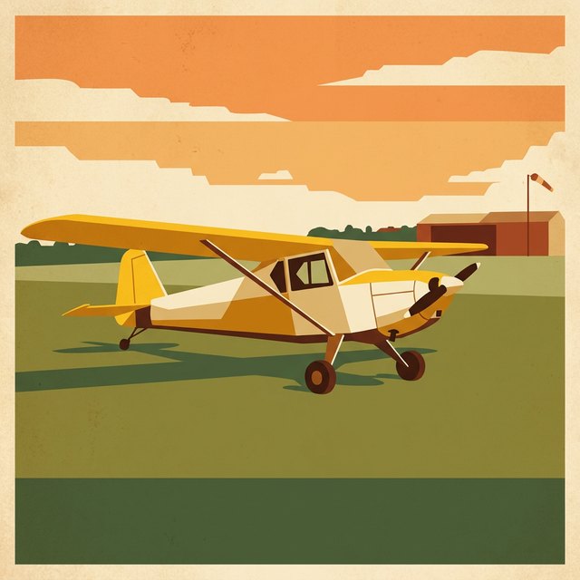 The same aircraft as a vintage travel poster: flat blocks of yellow, cream and orange with a hangar and windsock behind.