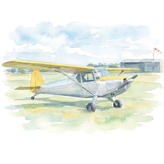 The same aircraft in watercolour: pale washes of grey and yellow under a soft blue sky.